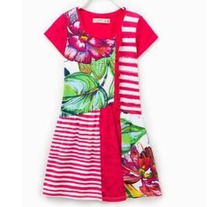 Desigual Mixed Print Sequin Dress Girls Size 11/12 Red White Stripe & Tropical